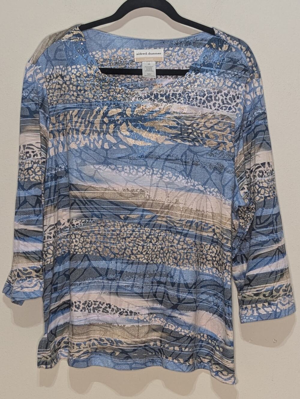 Alfred Dunner Blue & Tan Abstract Print Rhinestone Neck 3/4 Sleeve Top Size 3X